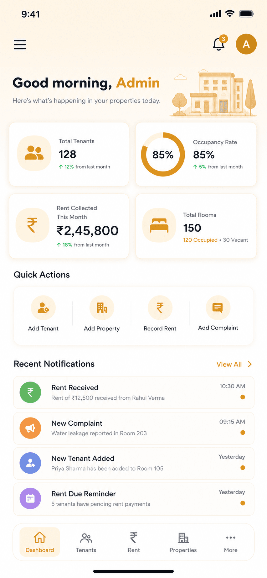 Admin dashboard — PG Manager Pro app screen